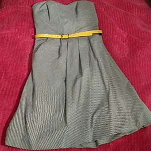 Juniors dress, blue and white stripes, yellow belt